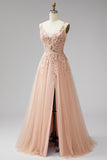 Champagne V-Neck 3D Floral Appliques Tulle Sequins A-Line Maxi Formal Dress with Slit