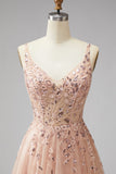 Champagne V-Neck 3D Floral Appliques Tulle Sequins A-Line Maxi Formal Dress with Slit