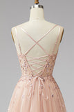 Champagne V-Neck 3D Floral Appliques Tulle Sequins A-Line Maxi Formal Dress with Slit