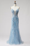 Light Blue Pearls Strapless Mermaid Prom Dress with Beading