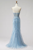 Light Blue Pearls Strapless Mermaid Prom Dress with Beading