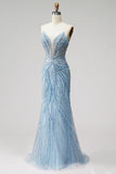Light Blue Pearls Strapless Mermaid Prom Dress with Beading