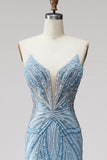 Light Blue Pearls Strapless Mermaid Prom Dress with Beading