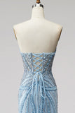 Light Blue Pearls Strapless Mermaid Prom Dress with Beading