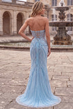 Light Blue Pearls Strapless Mermaid Prom Dress with Beading