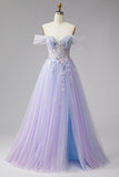Sparkly Off the Shoulder Lilac Corset Embroidery Pearls Tulle Long Prom Dress with Slit