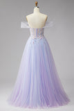 Sparkly Off the Shoulder Lilac Corset Embroidery Pearls Tulle Long Prom Dress with Slit