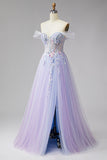 Sparkly Off the Shoulder Lilac Corset Embroidery Pearls Tulle Long Prom Dress with Slit