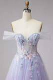 Sparkly Off the Shoulder Lilac Corset Embroidery Pearls Tulle Long Prom Dress with Slit