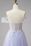 Sparkly Off the Shoulder Lilac Corset Embroidery Pearls Tulle Long Prom Dress with Slit