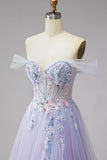 Sparkly Off the Shoulder Lilac Corset Embroidery Pearls Tulle Long Prom Dress with Slit