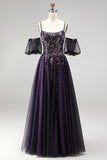 Dark Purple Rhinestone Appliques A-Line Glitter Long Prom Dress with Puff Sleeves