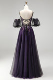 Dark Purple Rhinestone Appliques A-Line Glitter Long Prom Dress with Puff Sleeves