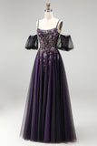 Dark Purple Rhinestone Appliques A-Line Glitter Long Prom Dress with Puff Sleeves