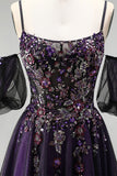 Dark Purple Rhinestone Appliques A-Line Glitter Long Prom Dress with Puff Sleeves