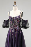 Dark Purple Rhinestone Appliques A-Line Glitter Long Prom Dress with Puff Sleeves