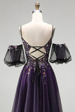 Dark Purple Rhinestone Appliques A-Line Glitter Long Prom Dress with Puff Sleeves