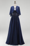 Navy Corset Chiffon A-Line Spaghetti Straps Long Mother Of the Bride Dress with Cape