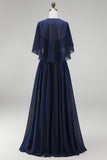 Navy Corset Chiffon A-Line Spaghetti Straps Long Mother Of the Bride Dress with Cape