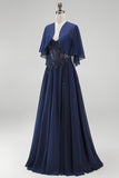 Navy Corset Chiffon A-Line Spaghetti Straps Long Mother Of the Bride Dress with Cape