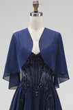Navy Corset Chiffon A-Line Spaghetti Straps Long Mother Of the Bride Dress with Cape