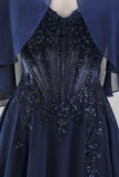 Navy Corset Chiffon A-Line Spaghetti Straps Long Mother Of the Bride Dress with Cape