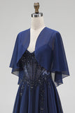 Navy Corset Chiffon A-Line Spaghetti Straps Long Mother Of the Bride Dress with Cape