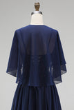 Navy Corset Chiffon A-Line Spaghetti Straps Long Mother Of the Bride Dress with Cape
