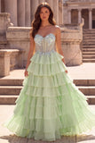 Tiered Ruffled Light Green Chiffon A-Line 3D Appliques Corset Rhinestone Long Prom Dress