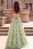 Tiered Ruffled Light Green Chiffon A-Line 3D Appliques Corset Rhinestone Long Prom Dress