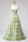Tiered Ruffled Light Green Chiffon A-Line 3D Appliques Corset Rhinestone Long Prom Dress