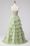 Tiered Ruffled Light Green Chiffon A-Line 3D Appliques Corset Rhinestone Long Prom Dress