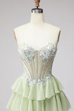 Tiered Ruffled Light Green Chiffon A-Line 3D Appliques Corset Rhinestone Long Prom Dress