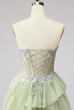 Tiered Ruffled Light Green Chiffon A-Line 3D Appliques Corset Rhinestone Long Prom Dress