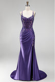 Glitter Mermaid Sequins Corset Ruched Satin Long Purple Prom Dress with Slit