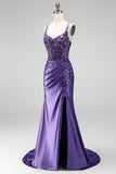 Glitter Mermaid Sequins Corset Ruched Satin Long Purple Prom Dress with Slit