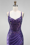 Glitter Mermaid Sequins Corset Ruched Satin Long Purple Prom Dress with Slit