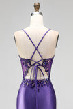 Glitter Mermaid Sequins Corset Ruched Satin Long Purple Prom Dress with Slit