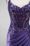 Glitter Mermaid Sequins Corset Ruched Satin Long Purple Prom Dress with Slit