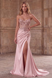 Pink Corset Sheer Strapless Beaded Sequins Pearls Ruched Satin Long Prom Dress with Slit