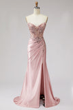 Pink Corset Sheer Strapless Beaded Sequins Pearls Ruched Satin Long Prom Dress with Slit