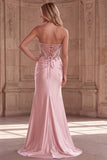 Pink Corset Sheer Strapless Beaded Sequins Pearls Ruched Satin Long Prom Dress with Slit