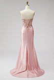 Pink Corset Sheer Strapless Beaded Sequins Pearls Ruched Satin Long Prom Dress with Slit