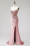 Pink Corset Sheer Mermaid Beaded Sequins Pearls Ruched Satin Long Prom Dress with Slit