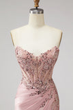 Pink Corset Sheer Strapless Beaded Sequins Pearls Ruched Satin Long Prom Dress with Slit