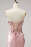Pink Corset Sheer Strapless Beaded Sequins Pearls Ruched Satin Long Prom Dress with Slit