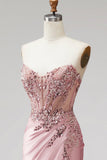 Pink Corset Sheer Mermaid Beaded Sequins Pearls Ruched Satin Long Prom Dress with Slit