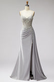 Light Grey Corset Satin Pearls Rhinestones Mermaid Prom Dress with Draping