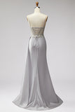 Light Grey Corset Satin Pearls Rhinestones Mermaid Prom Dress with Draping
