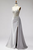 Light Grey Corset Satin Pearls Rhinestones Mermaid Prom Dress with Draping